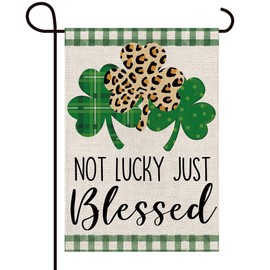 Texupday Not Lucky Just Blessed Leopard and Dots Shamrock Clovers Decoration St.Patrick's Day Double Sided Vertical Burlap Garden Flag Rustic Holiday Party Outdoor Yard Banner 12" x 18"