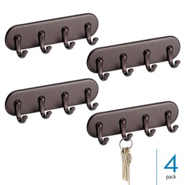 iDesign Self-Adhesive Key Rack with 4 Hooks - Key Holder for Wall - Set of 4 - Bronze