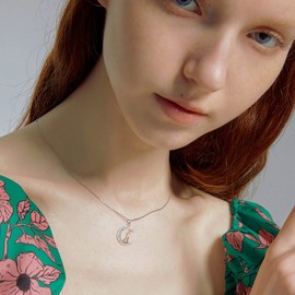 CUPENDA Fox/Cat Necklace Sterling Silver Fox on Moon / Black Cat Pendant Animal Jewellery Gifts for Women Mother, Sterling Silver, No Gemstone