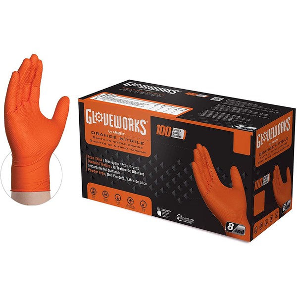 [Ammex] Gloveworks HD Diamond Texture Grip Industrial Work Nitrile Gloves, Latex Free, Powder Free, Textured, Disposable Gloves, GWON42100-BX_JP (Box of 100, 0.2mm, Orange) (S)