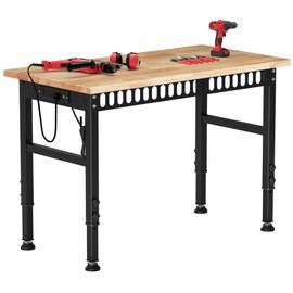 Antifir 48'' Adjustable Workbench with Power Outlets, Rubber Wood Top Heavy Duty 2000 LBS Load Capacity Workstation for Garage, Workshop, Commercial,Office,Home