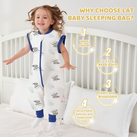 LAT Baby Sleeping Bag with Feet Removable Sleeves, 2.5 TOG 100% Cotton Toddler Sleeping Bag with Legs, 3-way Zipper Winter Wearable Blanket