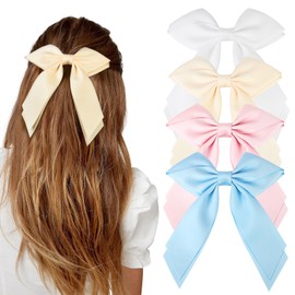 JWLFLOWXISS Hair Bows for Girls, 4 PCS Solid Color Hair Ribbon Double Layer Bow Hair Clips Alligator Clips Toddler Bows Kids Hair Accessories for All Hair Types