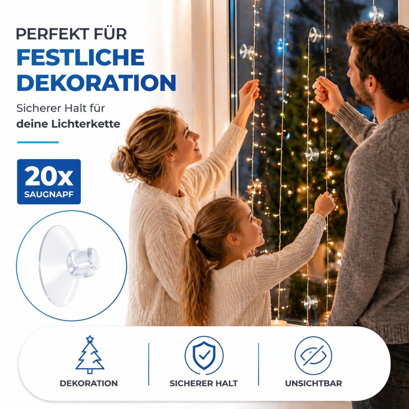 MERRYXMAS 20 x suction cups for fairy lights, suction hooks,