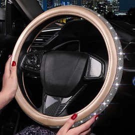 Bling Diamond Leather Steering Wheel Cover, Golden Steering Wheel Covers for Women Girls with Crystal Rhinestones, Universal Fit 15 Inch Car Steering Wheel Bling Cover Accessories