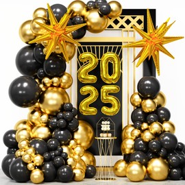 Vidavan 2025 Black and Gold Balloons Arch Kit 107pcs Black Gold Latex Balloons with Star for New Year Birthday Graduation Party Decoration