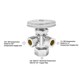 5/8 inch OD(Inlet) x 3/8 inch OD(Outlet) x 1/4 inch OD(Outlet) Multi Turn Dual Outlet Angle Stop, All Compression, (Click in for more size options)