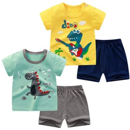 NautySaurs Toddler Boys Short Sleeve T-Shirts and Shorts Set Dinosaur Tee Shirts Short Pyjamas for Age 1-6 Years, 03 Dinosaur Set