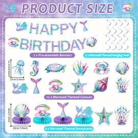 Mermaid Birthday Decorations Mermaid Party Honeycomb Centerpieces, Hanging Swirls Happy Birthday Banner Kit Ocean Mermaids Cutouts for Kids Under The Sea Baby Shower Party Supplies