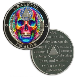 Rainbow Skull 18 Year Sobriety Coin, Grateful I'm Alive AA Coin - AA Chips and Medallion, Eighteen Years Recovery Anniversary Token with Serenity Prayer, Sobriety Gifts for Men Women