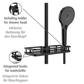 WENKO Libertà Shower Shelf with Hooks and Shower Head Holder Made of Plastic, No Drilling Required to Existing Shower Rail, 28.5 x 4 x 11.5 cm, Matt Black