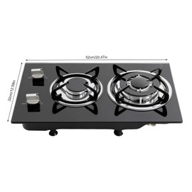 Bulit-in Gas Stove 2 Burners Gas Cooktop Stove Top, 20 * 13in Tempered Glass Stove Cooker Dual Burner Propane Stove, LPG/NG Countertop Electronic Ignition Cast Iron Burner