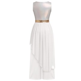 IBAKOM Praise Dance Dress for Women Worship Overlay and Tunic White Baggy Pant Metallic Tank Top Skirt Lyrical Contemporary Dance Costume Holy Temple Liturgical Dancewear White S