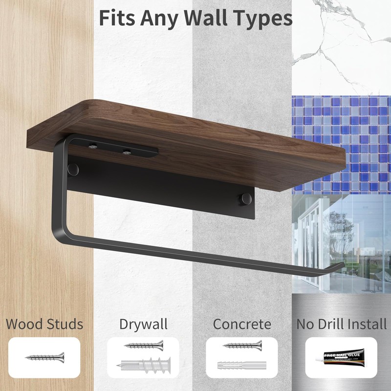 Danpoo Wall Mounted Paper Towel Holder with Natural Walnut Shelf,