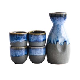 Japanese Sake Set 1 Ceramic Sake Pot and 4 Sake Cups, Pot 300 ML, Cups 50 ML(Green)