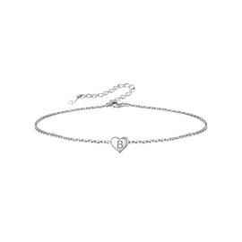 Silvora S925 Silver Mini Letter A-Z Small Initial Heart Pendant Name Anklet/Bracelets for Women Girls 22 cm + 5 cm Extension Chains, 22 inches, Sterling Silver