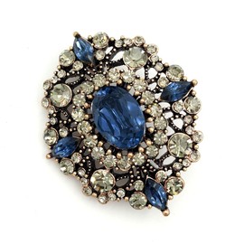 Antique Gold Tone Geometric Foliate Filigree Art Deco Blue Oval Shaped Brooch (Blue), Resin, crystal