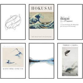 Hambient Poster Set, Living Room Decoration, Bedroom, Room - Wall Decoration, Wall Pictures - 6 Aesthetic Pictures 21 x 30 cm without Picture Frame (Japanese Hokusai Kanagawa)