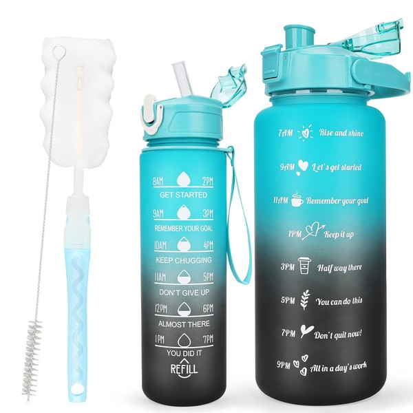 CodiCile 2 Pack Trinkflasche BPA-frei 2L+750ml, Sport-Trinkflasche mit Zeitmarkierung &
