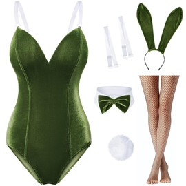 Women Velvet Bunny Costume Bunny Girl Suit Costume Senpai Cosplay One Piece Bodysuit Stockings Set(JGreen L)