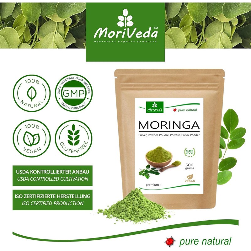 MoriVeda Moringa Powder 500 g, Vegan and Gluten-Free, Micro-Fine Oleifera