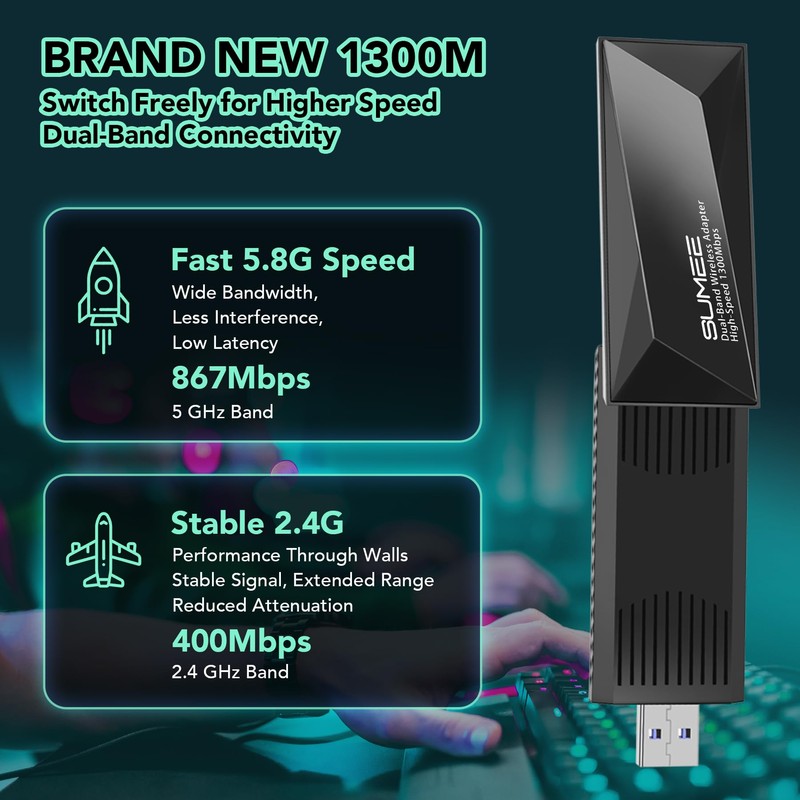 USB WiFi Adapter 1300Mbps Foldable Dual Band Wireless Network Dongle