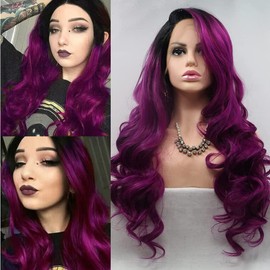 Angle Lucky Dark Purple Lace Front Wig Long Wavy Ombre Purple with Black Root Side Part Wig Synthetic Natural Hairline Wig Heat Resistant Fiber Daily Makeup Wig for Women 24 Inches