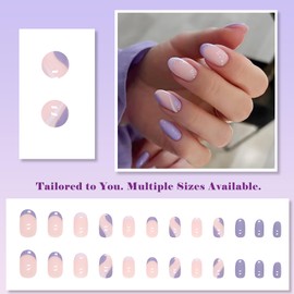 24 Pcs Purple Ripple Press-On Nails – Short Almond French-Tip False Nails with Swirl Design, Glossy Full Cover, Strong Glue Included, 12 Sizes Custom Fit, Reusable DIY Manicure