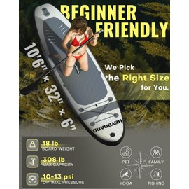 HEYBOARD Inflatable Stand Up Paddle Board 10'6"x32"x6" Standup Paddleboard with SUP Accessories & Backpack Non-Slip Deck Leash Paddle Hand Pump Camera Mount for Youth & Adult, Grey Patterned