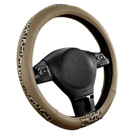 Road Comforts D-Type Steering Wheel Cover - Made with PVC Leather and Leopard Fabric - Universal Fit for 15-Inch D-Shaped Automotive Steering Wheels (Beige Color)