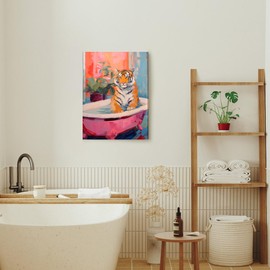FWAHREN Tiger in Pink Bathtub Funny Bathroom Wall Art, Eclectic Cute Animal Painting Canvas Prints Artwork, Framed Fun Coquette Girly Bathroom Wall Decor for Restroom Powder Room Dorm Gym, 12x16in