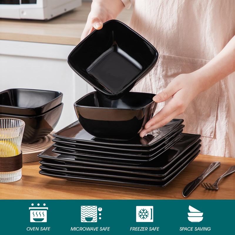 vancasso Soho Dinnerware Sets 12 Pieces, Black Stoneware Square Place