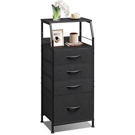 WLIVE Tall Nightstand with 4 Fabric Drawers & Open Shelf, Bedside Table for Bedroom, Modern Tall Dresser, Classic Black