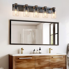 Farmhouse Bathroom Vanity Light Fixtures, Rustic 5-Light Wood Vanity Lights for Bathroom, Vintage Black Wall Sconces Lighting, Light fixtures Over Mirror, with Glass Shade