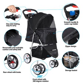 JungleA Foldable Pet Stroller for Cats Dogs,3 Wheel Pet Cage Jogger Stroller for Small to Medium Pets,Lightweight & Portable & Durable Pet Stroller with Weather Cover, Storage Basket and Cup Holder
