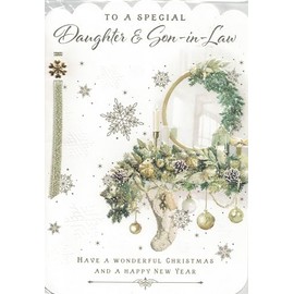 Traditional Christmas Card for Daughter & Son-in-Law, 25.4 x 17.8 cm Gold ribbon