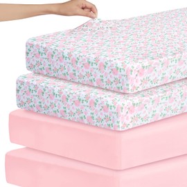 Stretchy Crib Sheets for Girls, 4 Pack Baby Crib Sheets Fitted for Standard Crib and Toddler Mattress 52" x 28", Soft and Breathable Fitted Crib Sheets Neutral, Pink & Floral