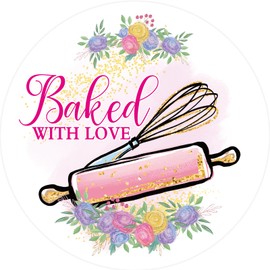 Baked with Love Stickers 500pcs Mother's Day Homemade with Love Stickers Baked Cookies Goods Packing and Wrapping Labels Business Birthday Wedding Baby Shower Party Supplies