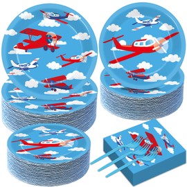 Qyeahkj 50 Guests Airplane Party Plates and Napkins Tableware Set Plane Birthday Party Supplies Blue Helicopter Dinnerware Favors Decorations for Baby Shower Boys Kids