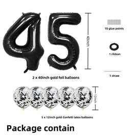 Black 45 Foil Balloons 40" Jumbo Foil Balloons Confetti Balloons for 45th Birthday Wedding Anniversary Party Decorations