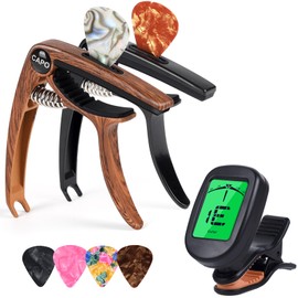 Moom guitar capo and clip-on guitar tuner, for acoustic/electric guitars, ukulele,guitar accessories complimentary 4 picks(Tuner + Rosewood/Black Capo)