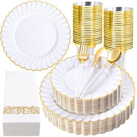 Ciaell 175 PCS White Scalloped Plastic Plates with Gold Trim - Gold Plastic Silverware with Handle - Fancy Hign-End Dinnerware Sets for Wedding & Showers & Party & Thinksgiving (25 Guests)