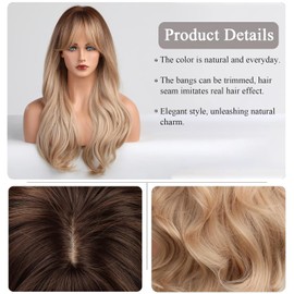 Luxclipse Long Auburn Wigs Human Hair with Bangs, Layered Wavy Orange Wig for Women, Glueless Breathable Capless Lightweight Tangle Free Natural Look for Daily Use (Ombre Gold, 26 Inch)