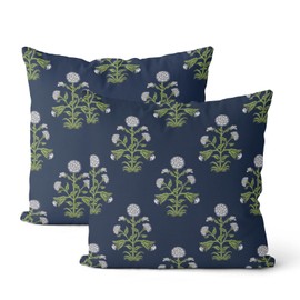 CXMEIFLY Navy Blue Vintage Pillow Covers 18 x 18 Inch Set of 2 Boho Blue Green Floral Outdoor Decor Throw Pillows Neutral Block Print Flower Linen Farmhouse Decorative Pillowcases for Couch Bed Sofa