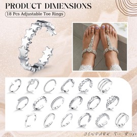 JEWPARK 18PCS Toe Rings for Women Non Tarnish Gold/Silver Rings Open Flower CZ Band Toe Ring Set Adjustable Ring Summer Beach Foot Jewelry Gifts