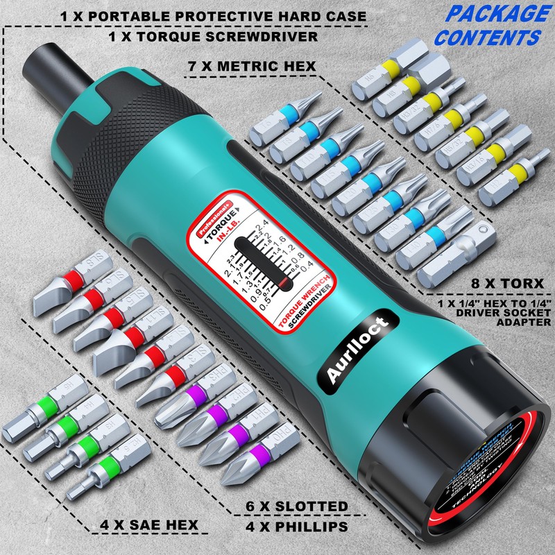 Aurlloct 1/4" Torque Screwdriver Wrench Set, 0.4-2.4 Nm, 0.1 Nm