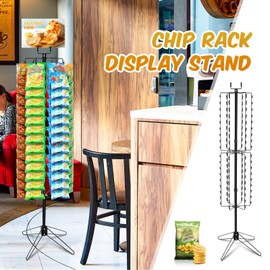 Wonderjune Standing Spinner Retail Display Rack with 108 Clips, 68.5" H Chip Spinning Display Rack 4" Top Wire Sign bracket, 12 Rotating Rods Heavy Duty Chip Display Rack, Black