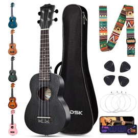 AODSK Soprano Black Ukulele for Beginner 21 Inch Ukelele with Gig Bag Strap Nylon String 4 Picks Holiday Gift