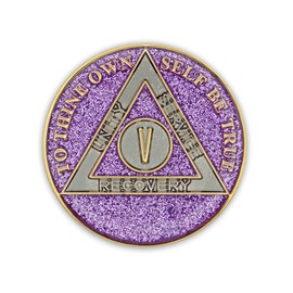 5 Year Sobriety Coin | Glitter Triplate AA Chip Recovery Anniversary Token (Purple)