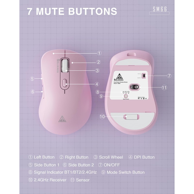 SOLAKAKA SM66 Pink Silent Dual Mode 2.4GHz Wireless Mouse, Adjustable